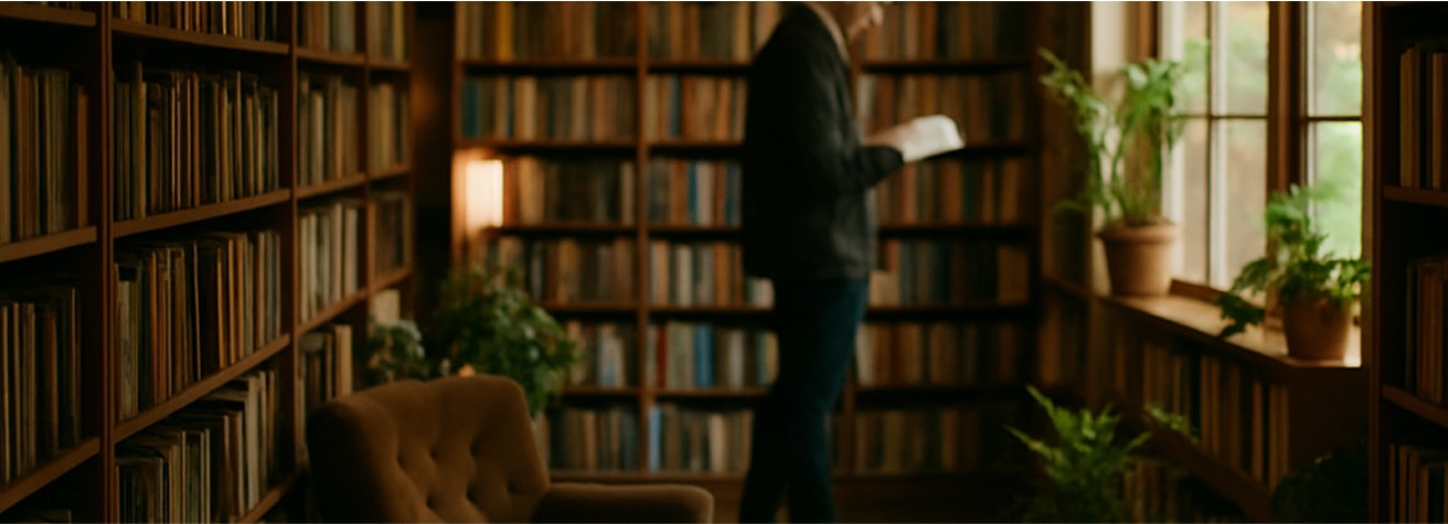 Cozy reading nook in a sunlit library with shelves of books