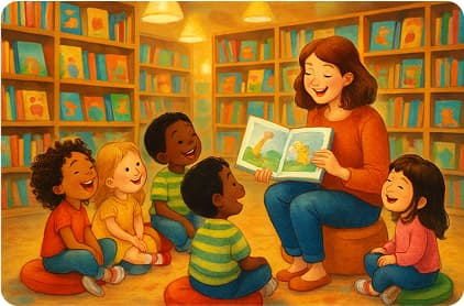 A woman reading a story to a group of children in a library.