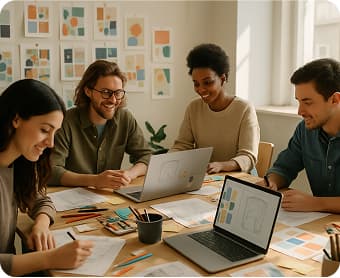 A group of colleagues collaborating on a design project at a table.