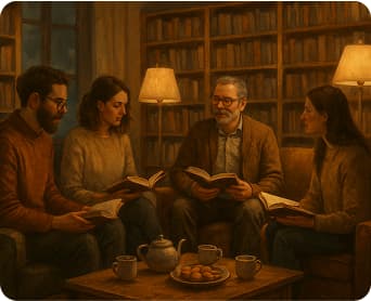 Four people sitting on a couch reading books in a cozy library setting.
